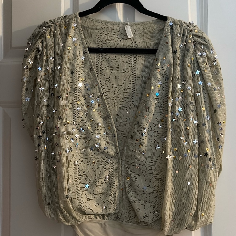 Free People Beige Sequin Lace Puff-Sleeve Top